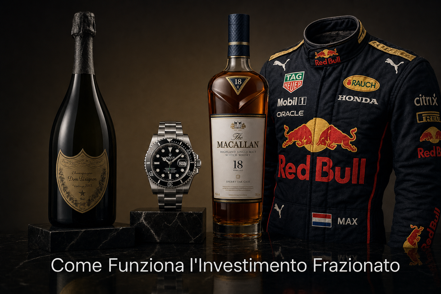 come funziona investimento frazionato - Dom Perignon, Rolex, Macallan, tuta Formula 1